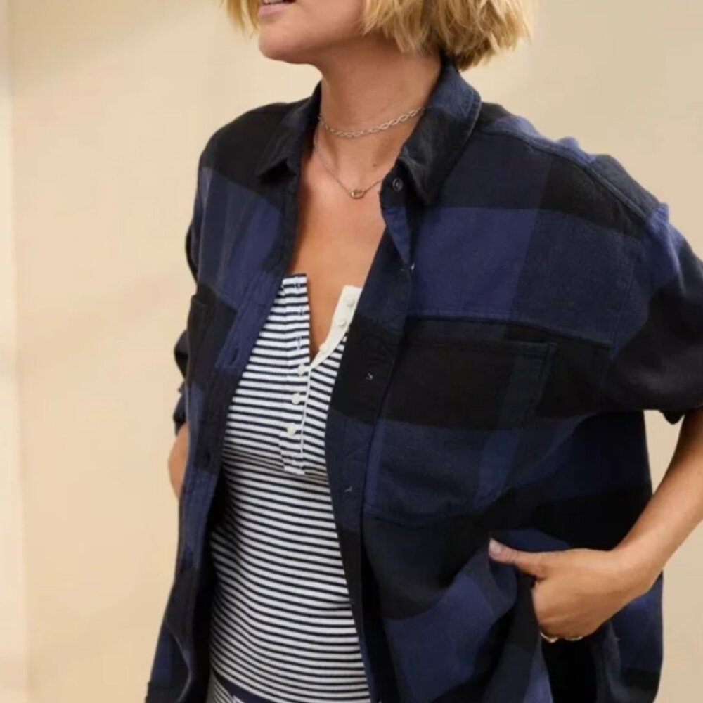 Aerie Anytime Fave Flannel Shirt - Size Medium - Color Navy - Picture 2 of 6